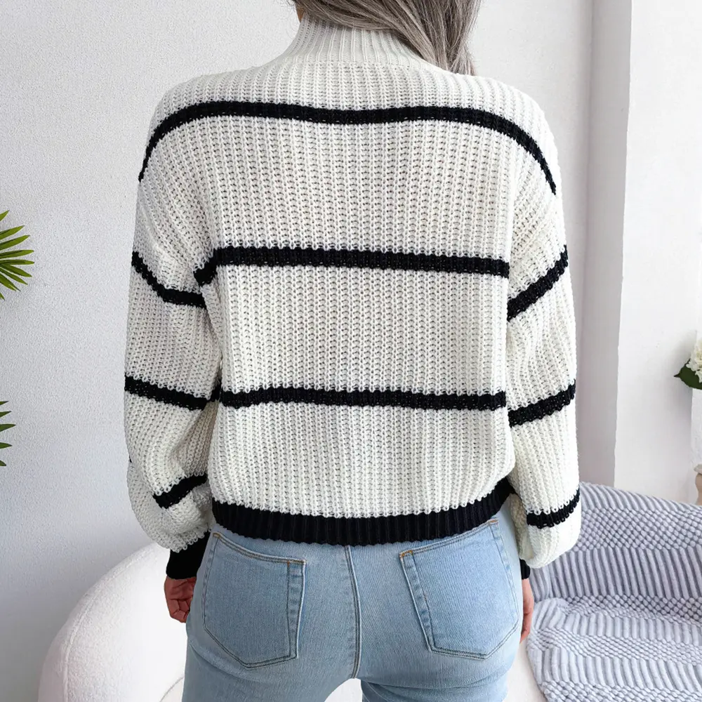 Striped Mock Neck Dropped Shoulder Sweater, image 4