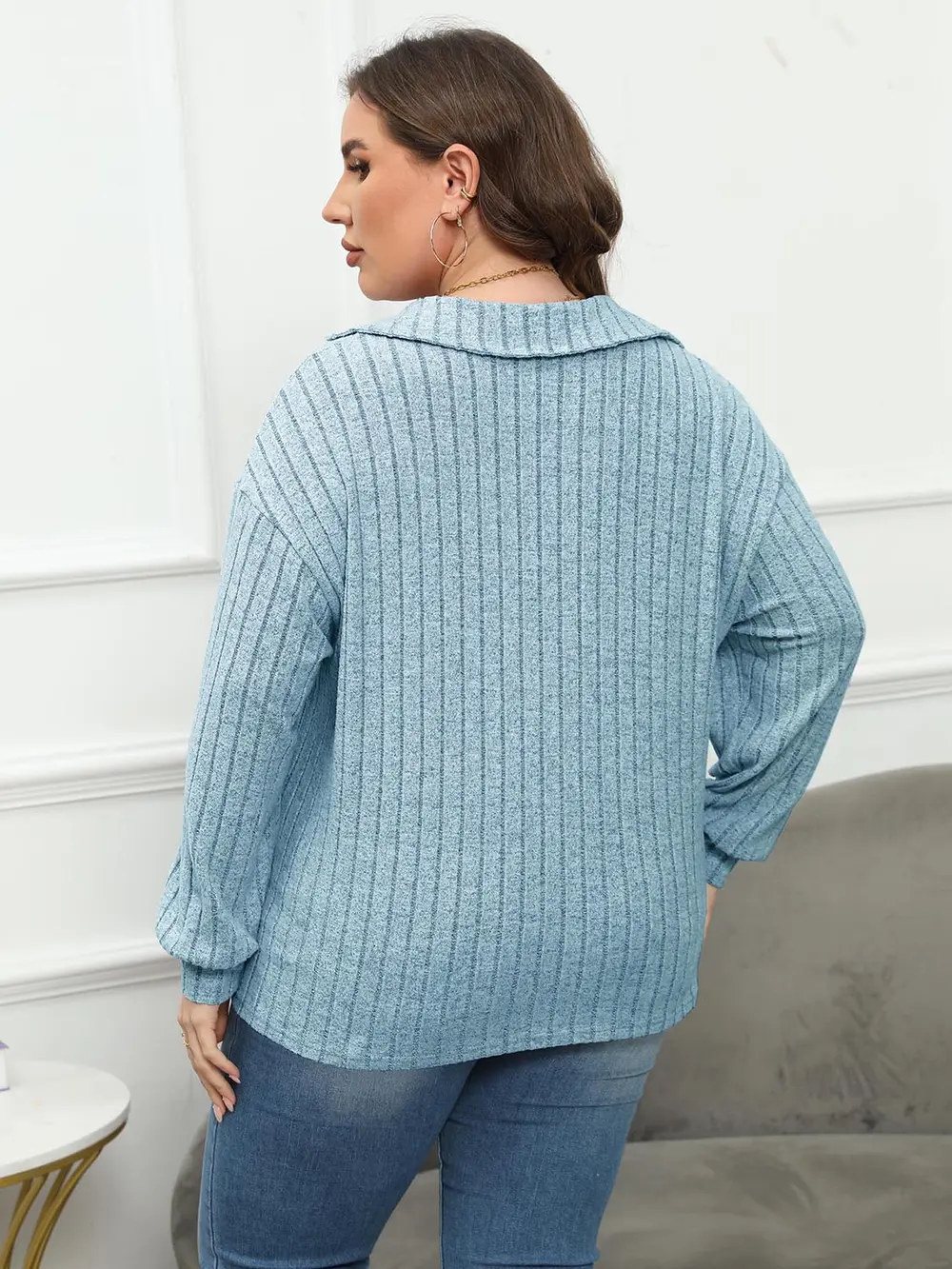 Plus Size Ribbed Collared Neck Long Sleeve Blouse, image 12