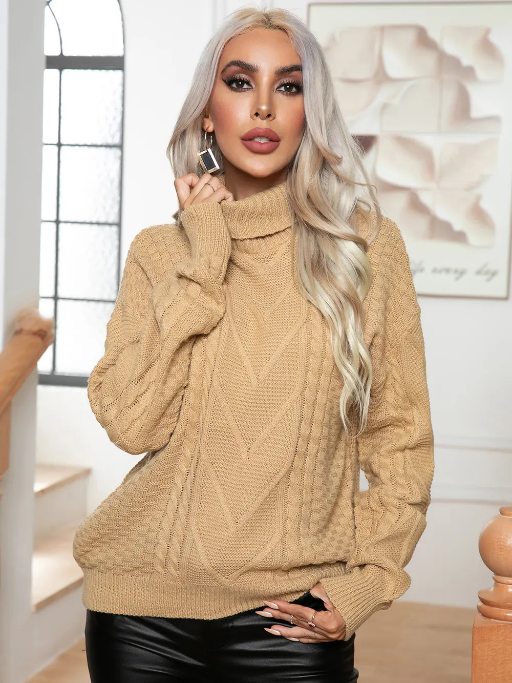 Turtleneck Cable-Knit Long Sleeve Sweater, image 6