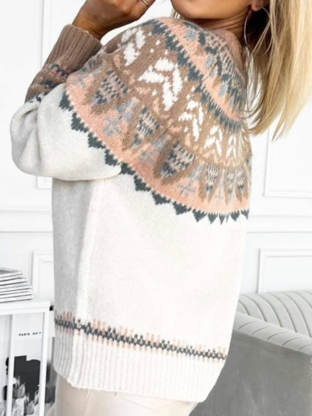 Geometric Round Neck Long Sleeve Sweater, image 3