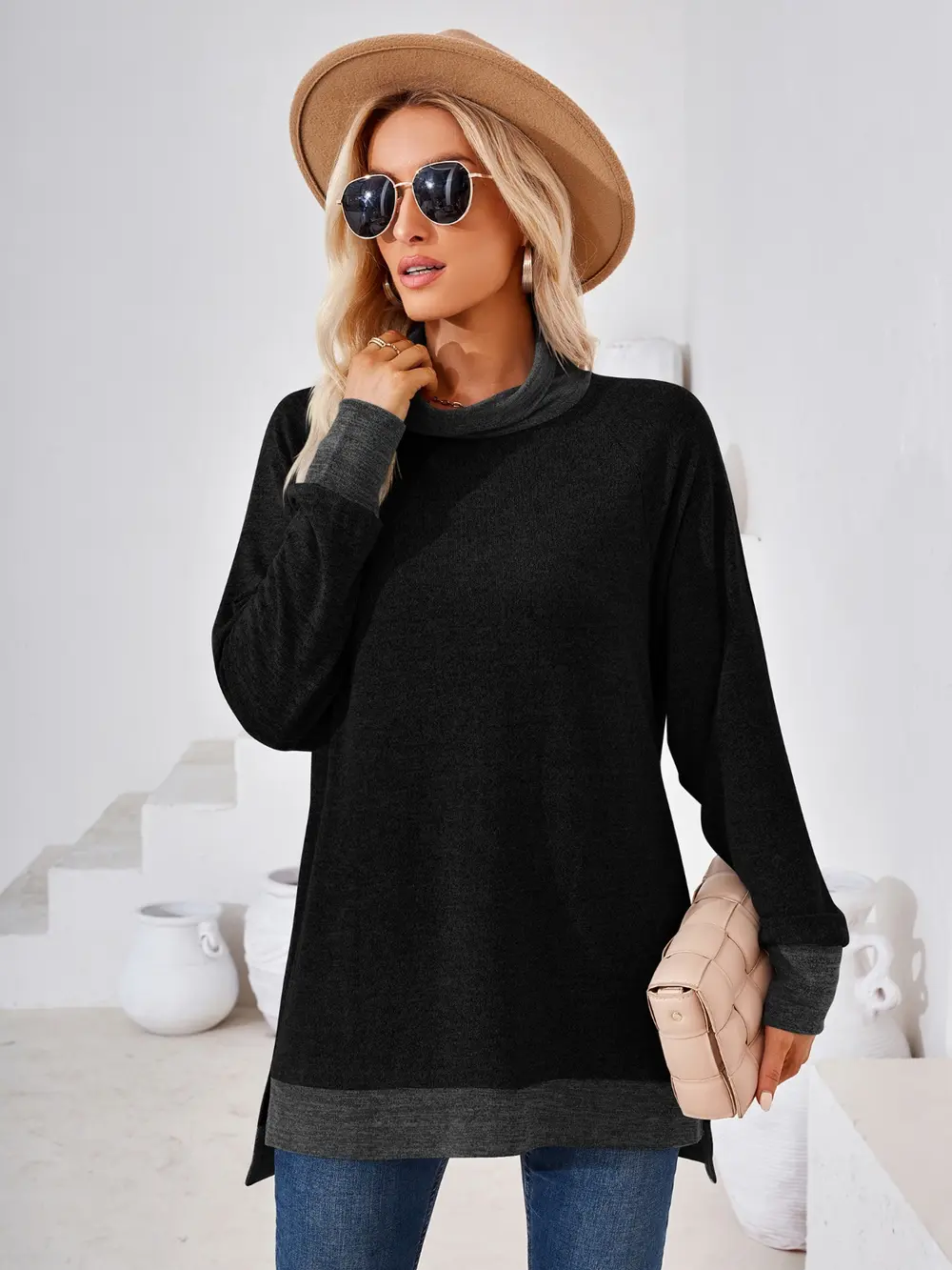 Contrast Mock Neck Long Sleeve T-Shirt, image 10