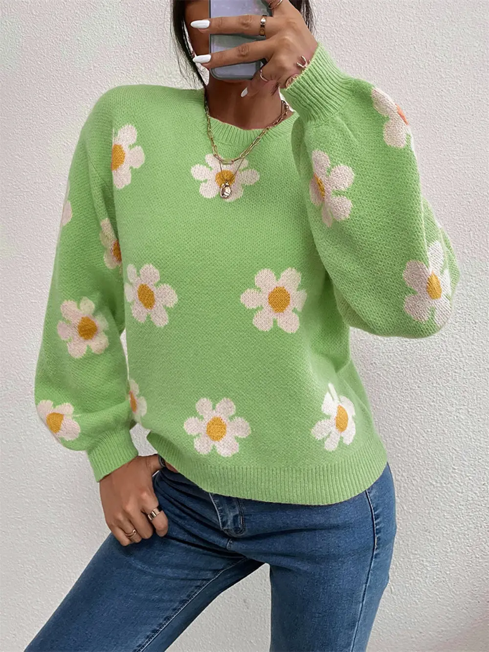 Flower Round Neck Latern Sleeve Sweater, image 9