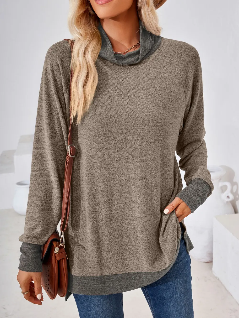 Contrast Mock Neck Long Sleeve T-Shirt, image 15