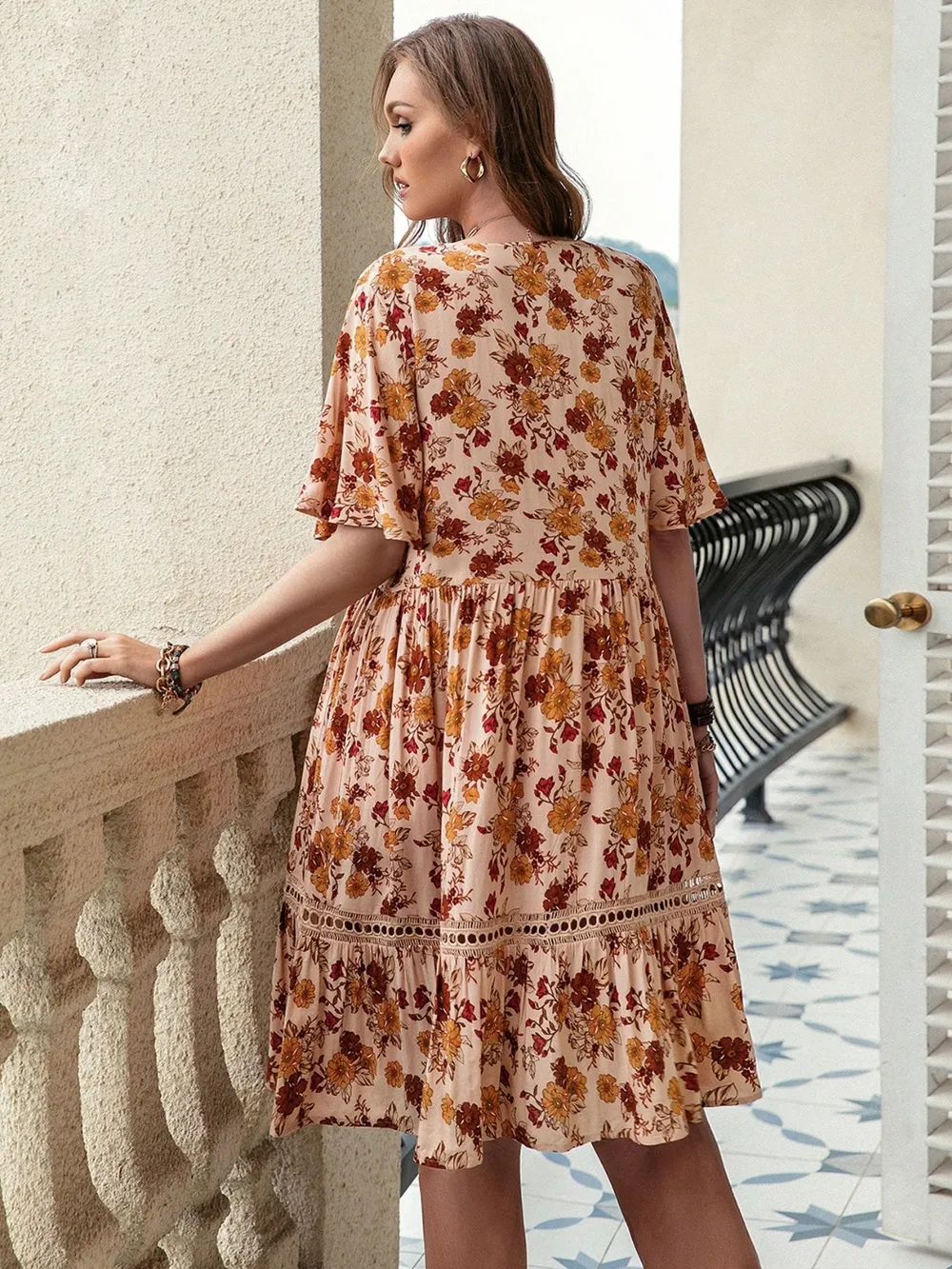Plus Size Floral Crochet Flutter Sleeve Dress, image 5