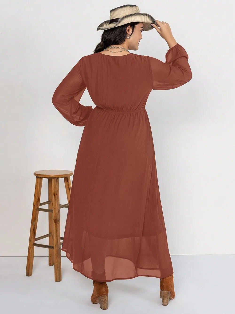 Plus Size Embroidered Tie Neck Long Sleeve Dress, image 3