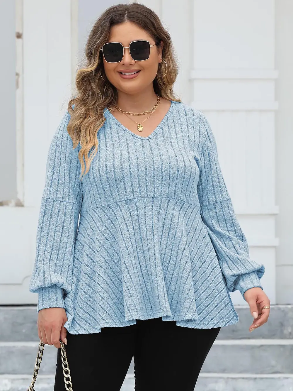 Plus Size Ribbed V-Neck Long Sleeve Blouse, image 2