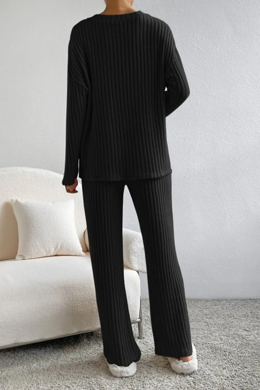Ribbed V-Neck Top and Pants Set, image 7