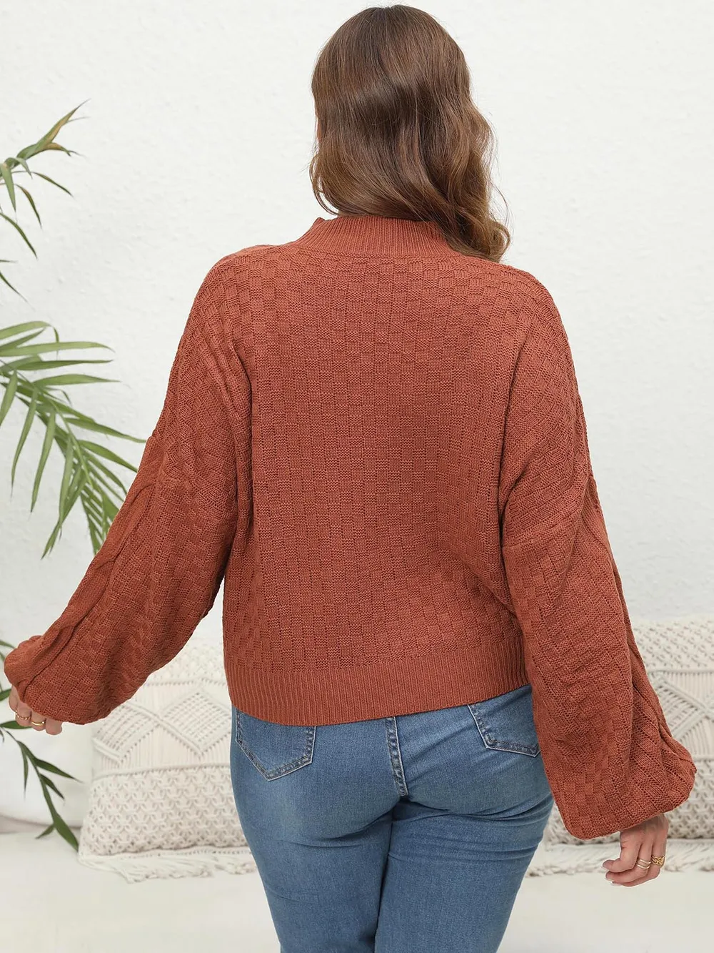 Plus Size Mock Neck Cable Knit Long Sleeve Sweater, image 3