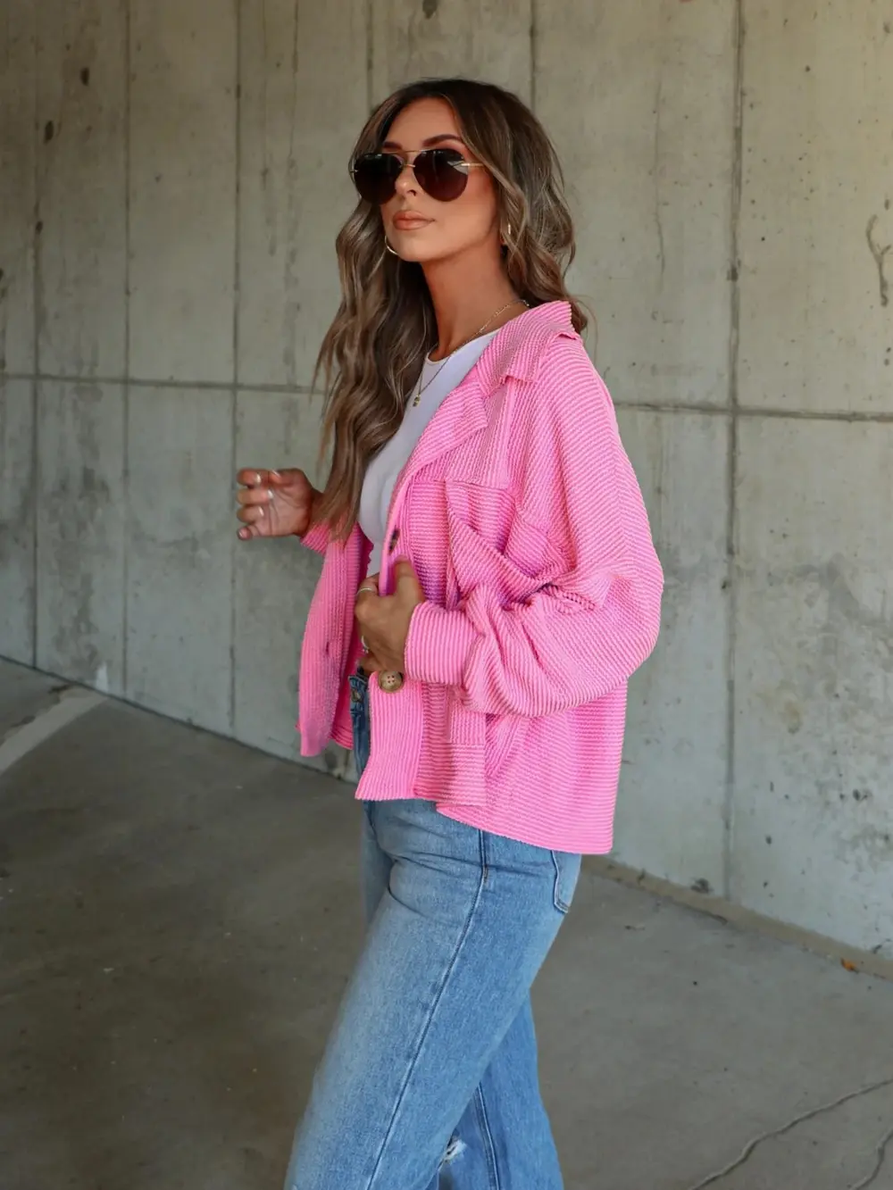 Ribbed Collared Neck Button Up Jacket, image 7
