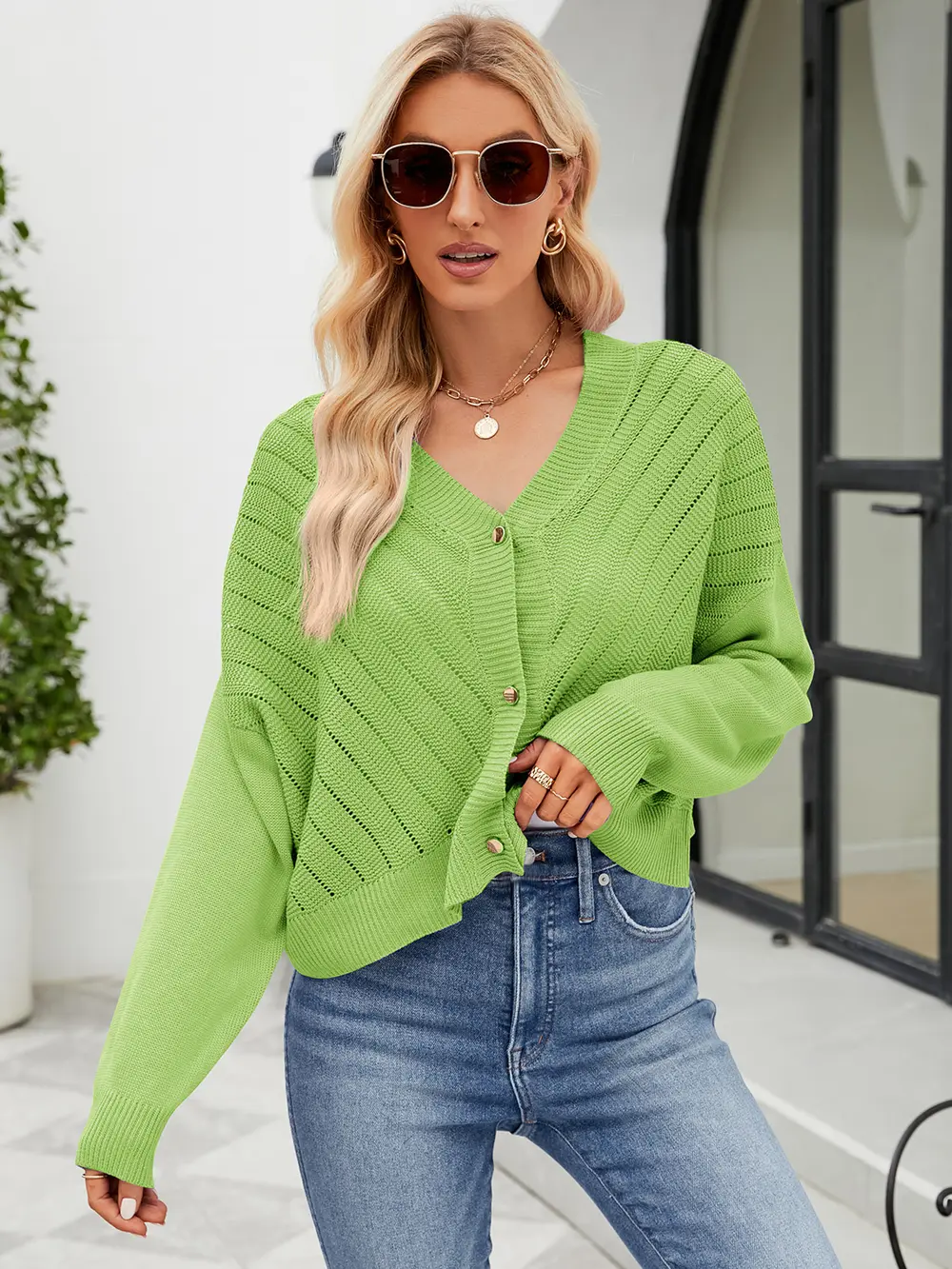 Eyelet Button Front Long Sleeve Cardigan, image 6