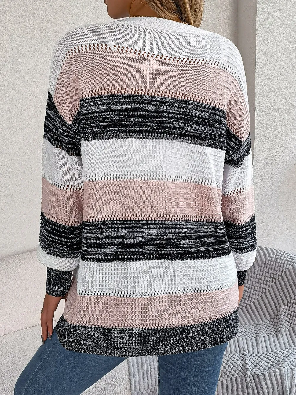 Openwork Striped Open Front Cardigan, image 8