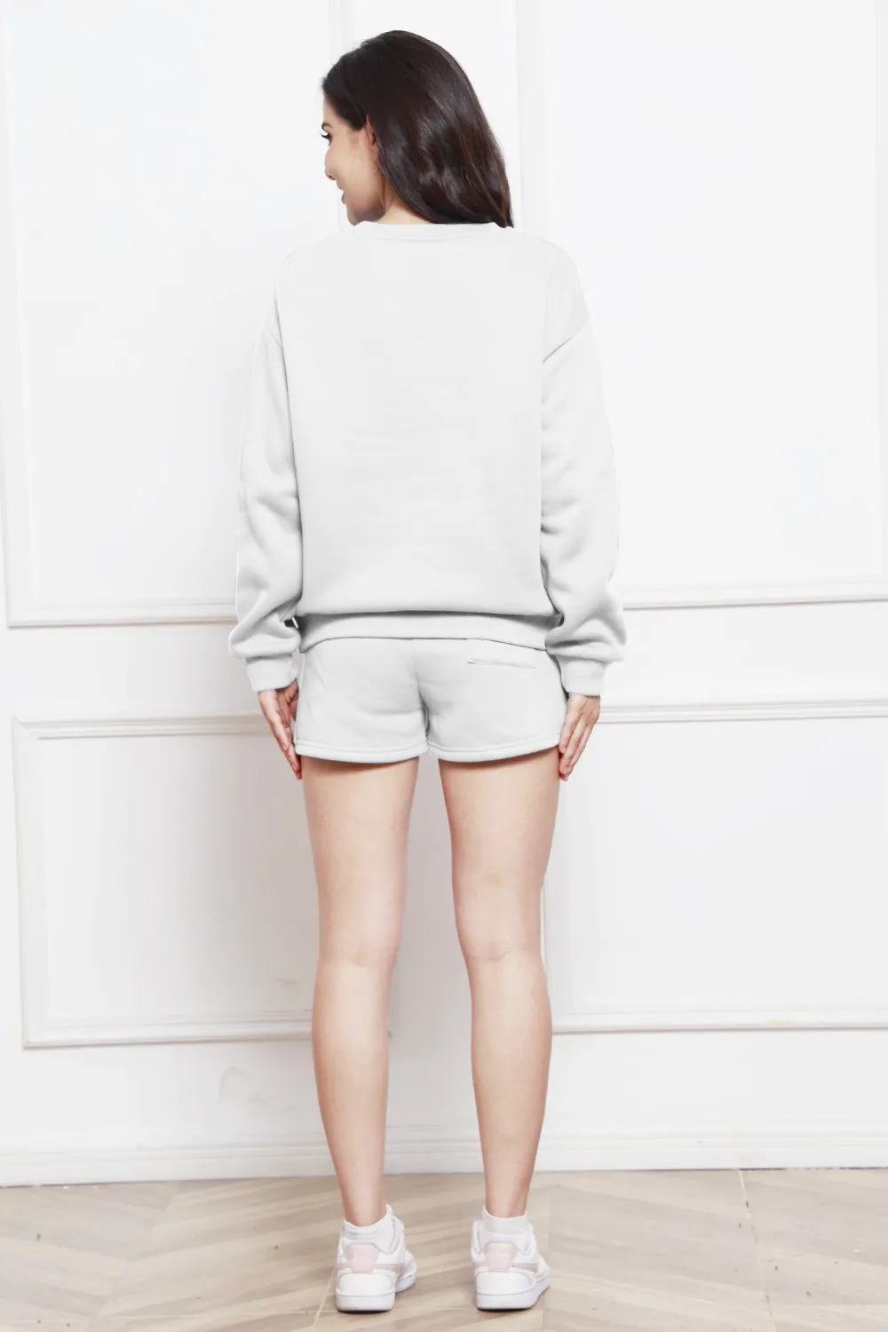 Round Neck Long Sleeve Sweatshirt and Drawstring Shorts Set, image 7
