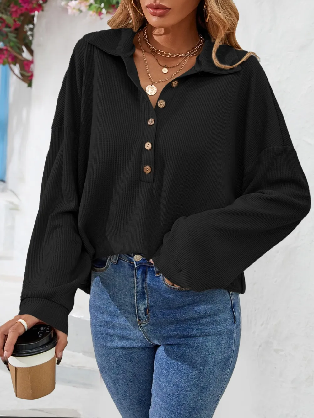 Half Button Collared Neck Long Sleeve Top, image 7