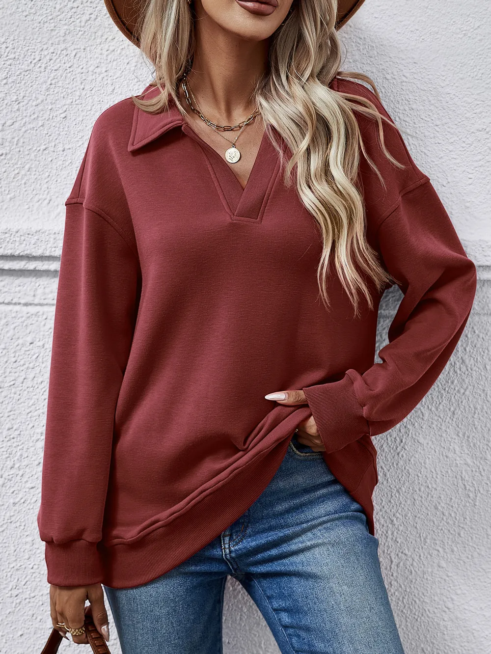 Collared Neck Dropped Shoulder Sweatshirt, image 10