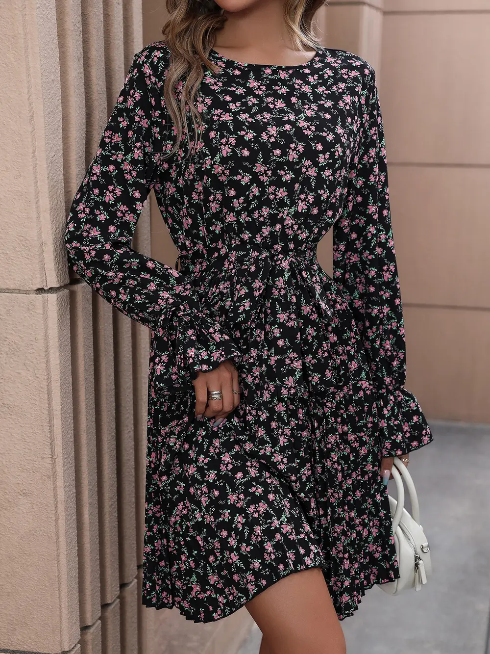 Floral Tie Front Long Sleeve Dress, image 4