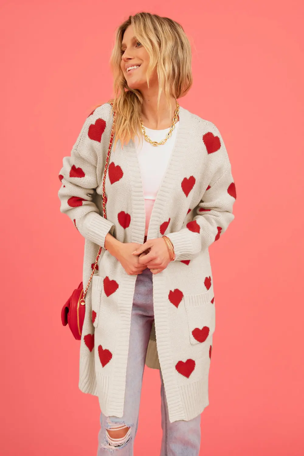 Heart Graphic Open Front Cardigan with Pockets, image 5