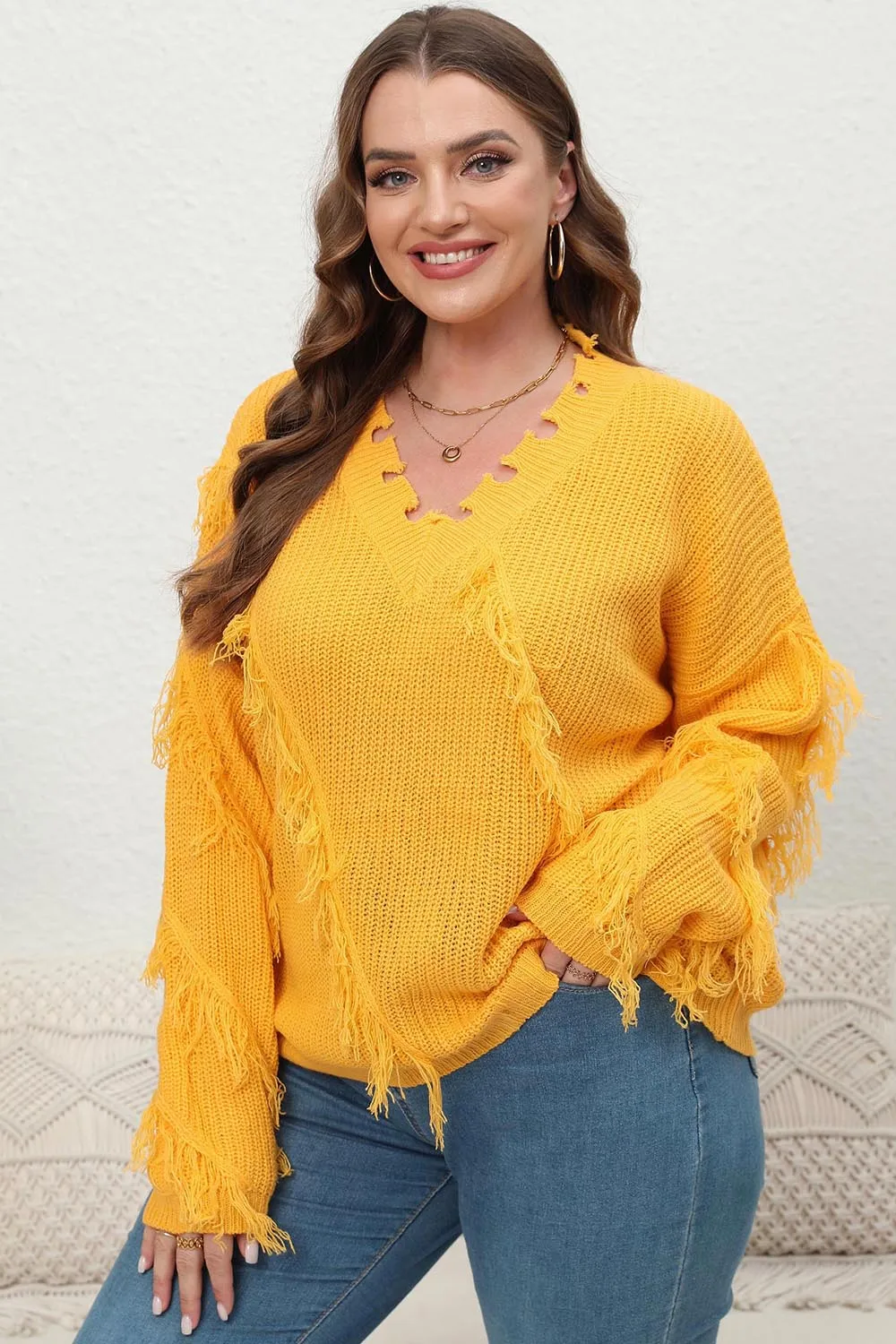 Plus Size Fringe V-Neck Long Sleeve Sweater, image 3