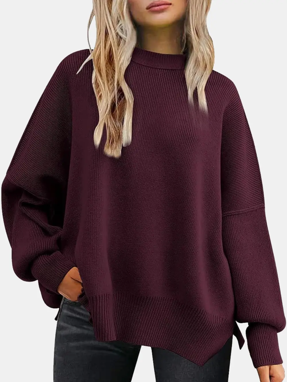 Round Neck Drop Shoulder Slit Sweater, image 7