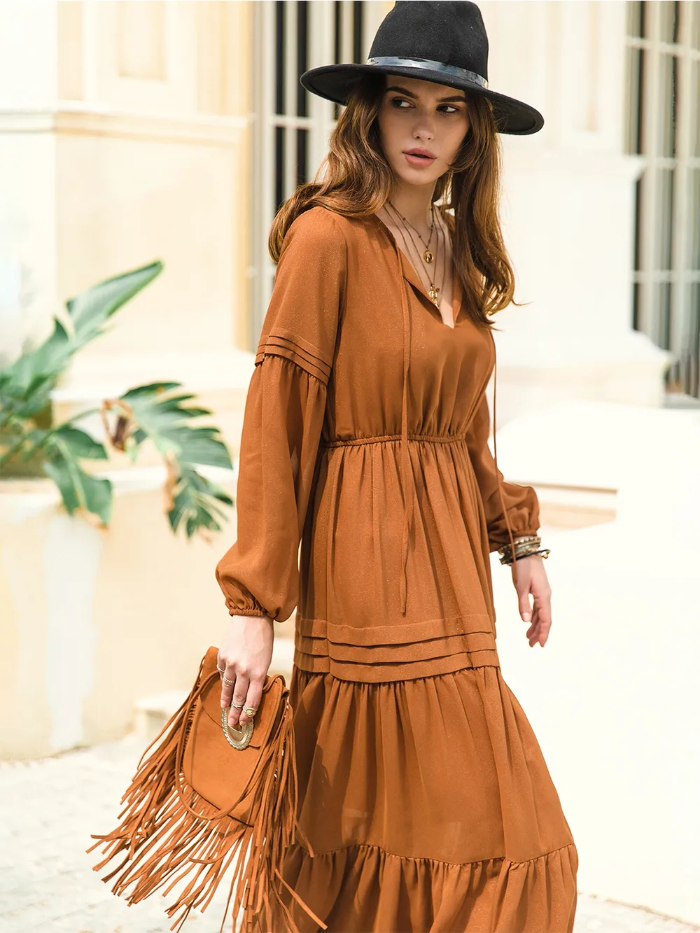 Tie Neck Long Sleeve Midi Tiered Dress, image 14