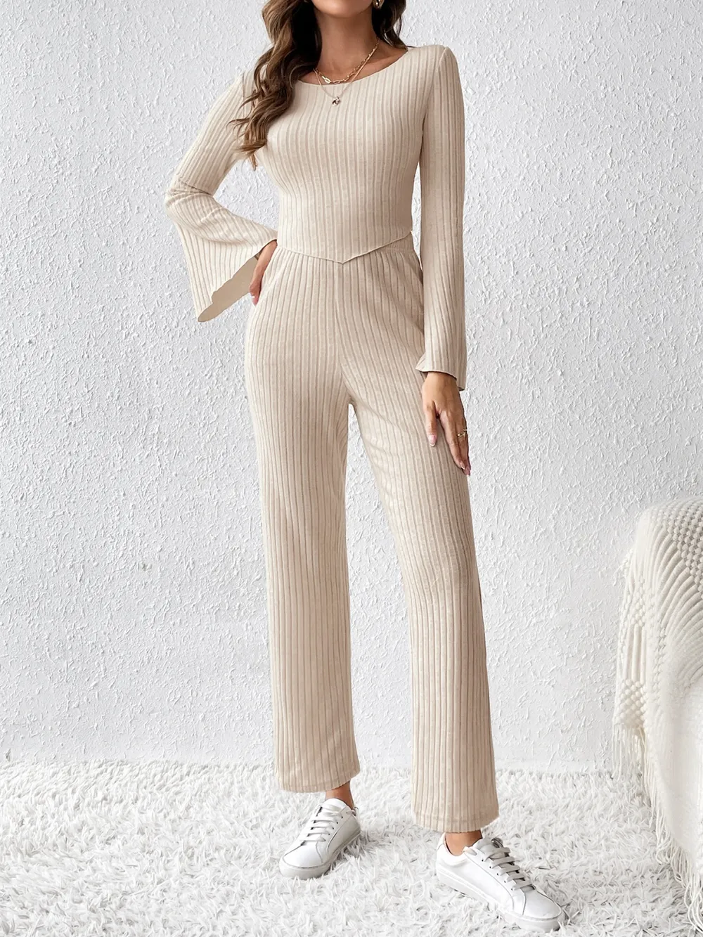 Ribbed Flare Sleeve Top and Pants Set, image 7