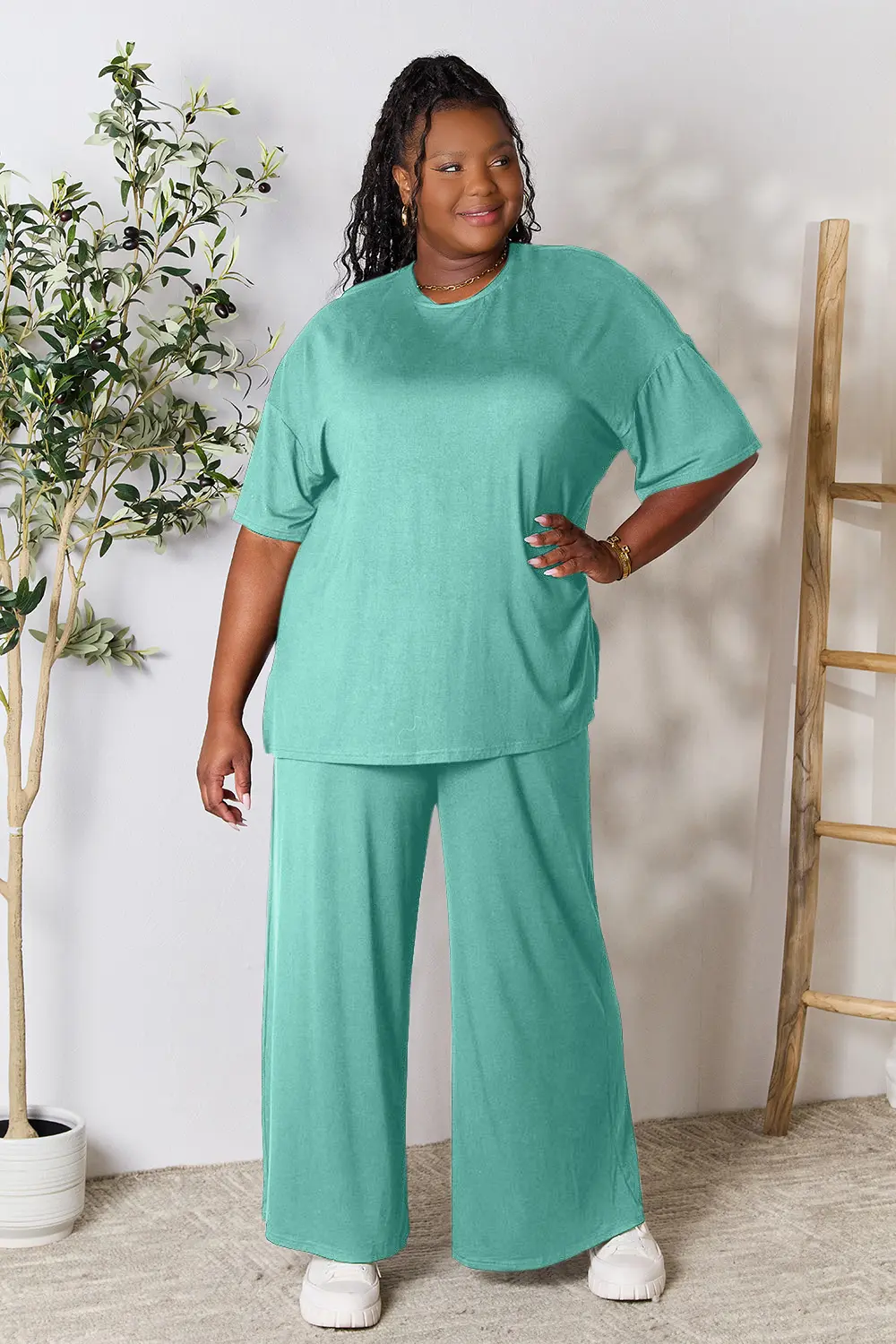Full Size Round Neck Slit Top and Pants Set, image 16