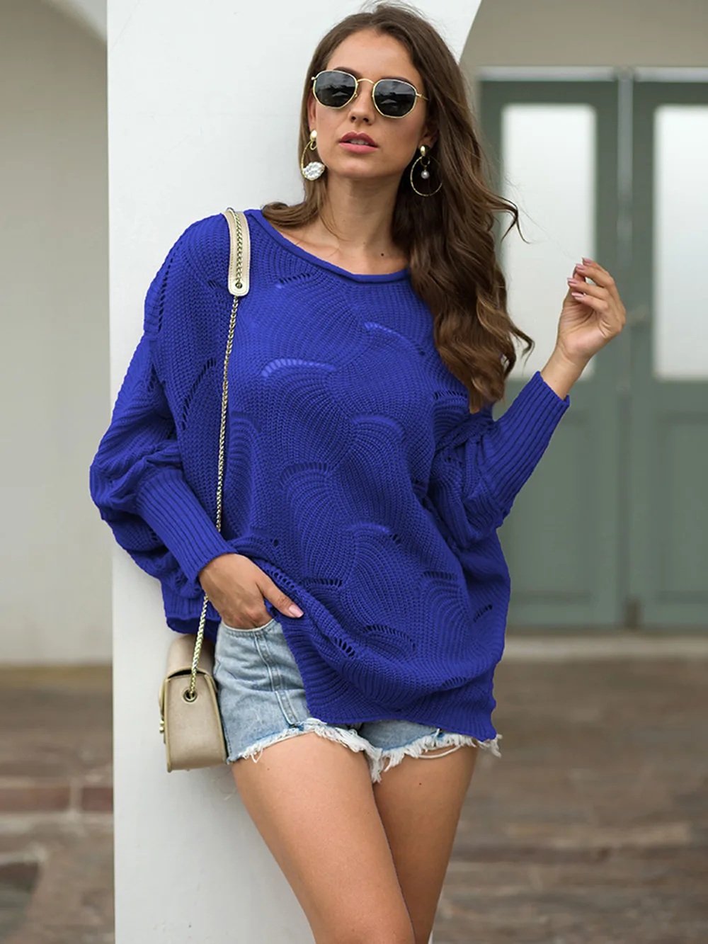 Full Size Boat Neck Lantern Sleeve Openwork Knit Top, image 17