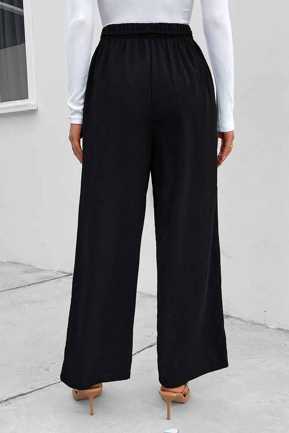 High Waist Ruched Tie Front Wide Leg Pants, image 2