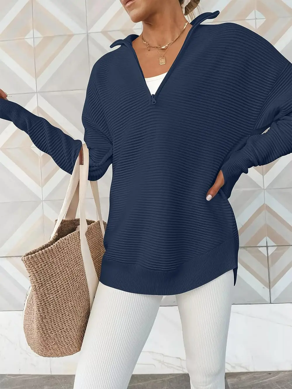 Half Zip Long Sleeve Knit Top, image 8