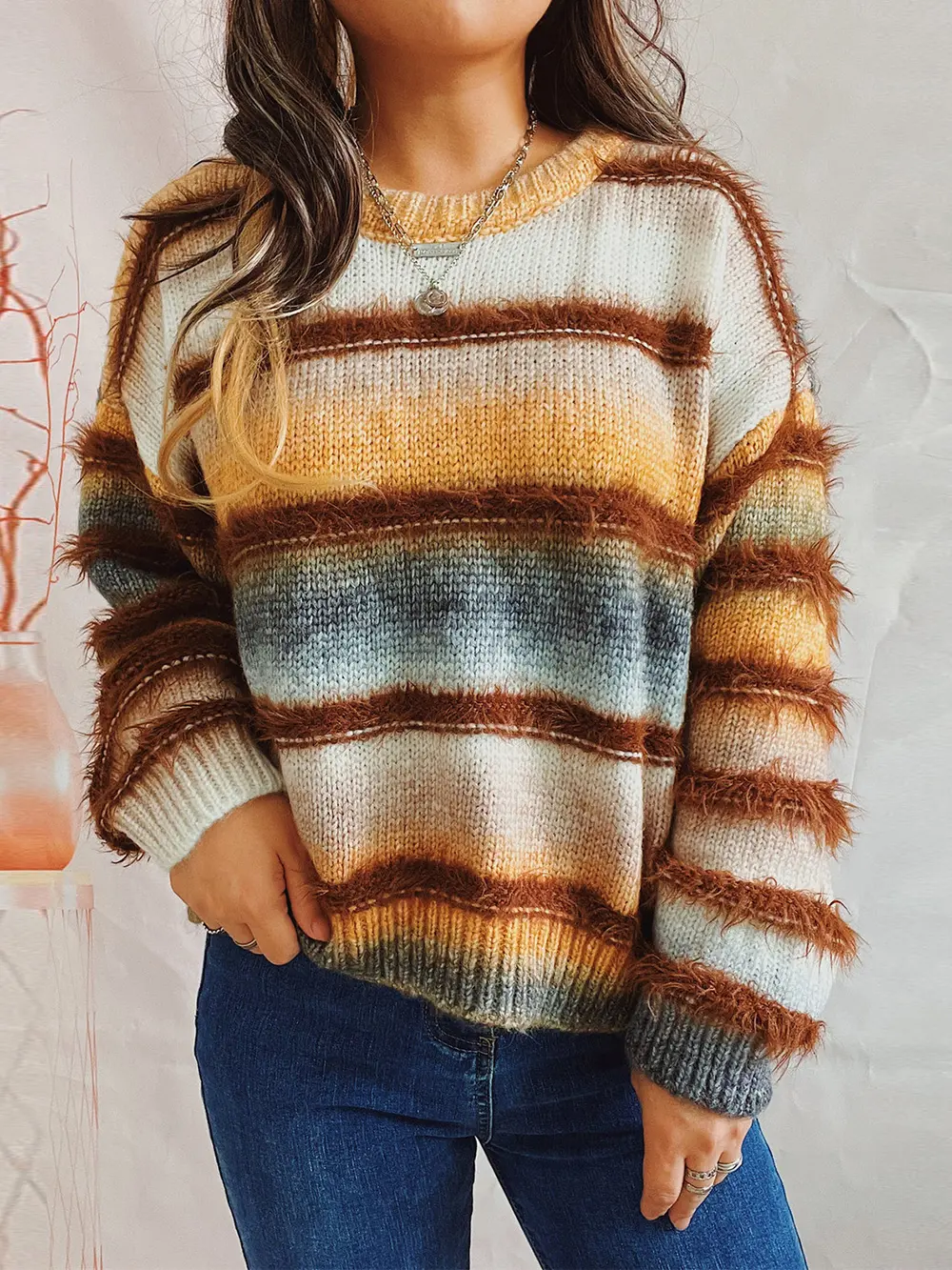 Striped Round Neck Long Sleeve Sweater, image 6