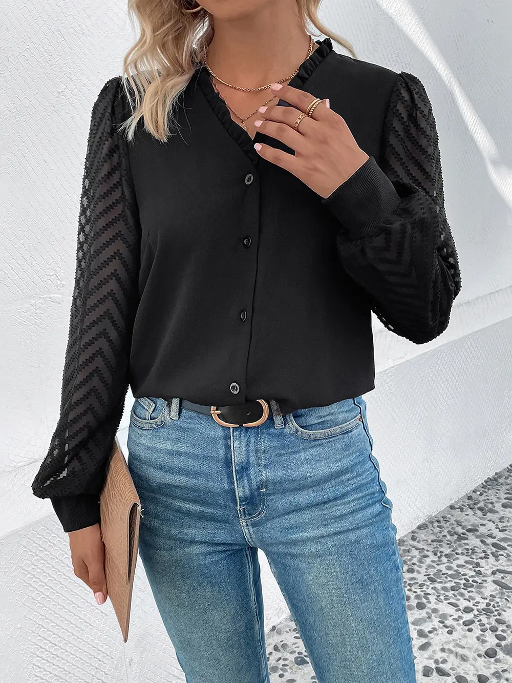 Mesh V-Neck Button Front Blouse, image 3