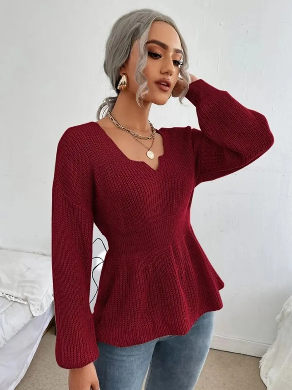 Notched Dropped Shoulder Knit Top, image 2