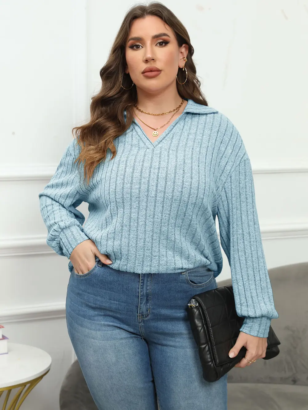 Plus Size Ribbed Collared Neck Long Sleeve Blouse, image 10