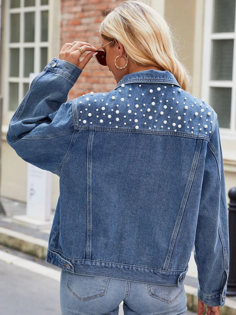 Pearl Detail Collared Neck Long Sleeve Denim Jacket, image 3