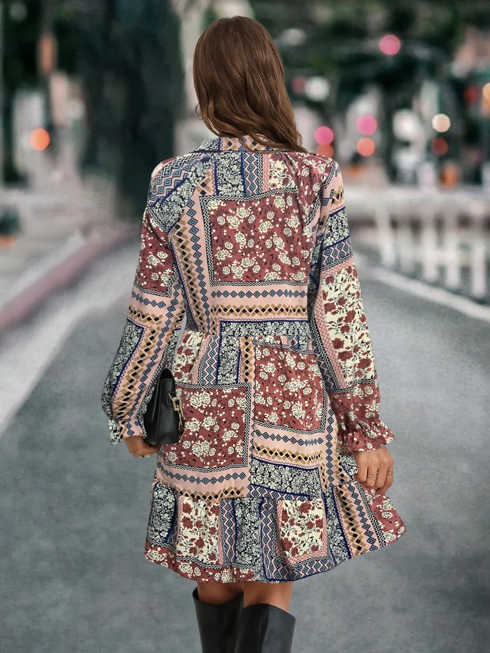 Printed Tie Front Flounce Sleeve Dress, image 6