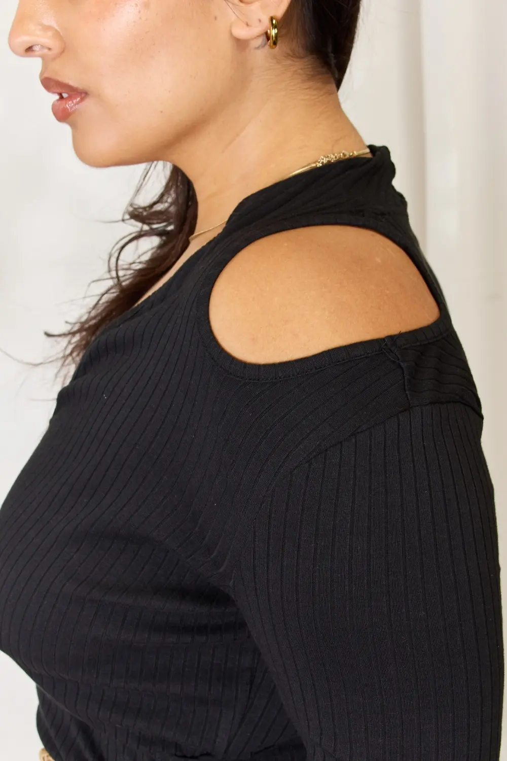 Full Size Ribbed Surplice Cold Shoulder Top, image 12