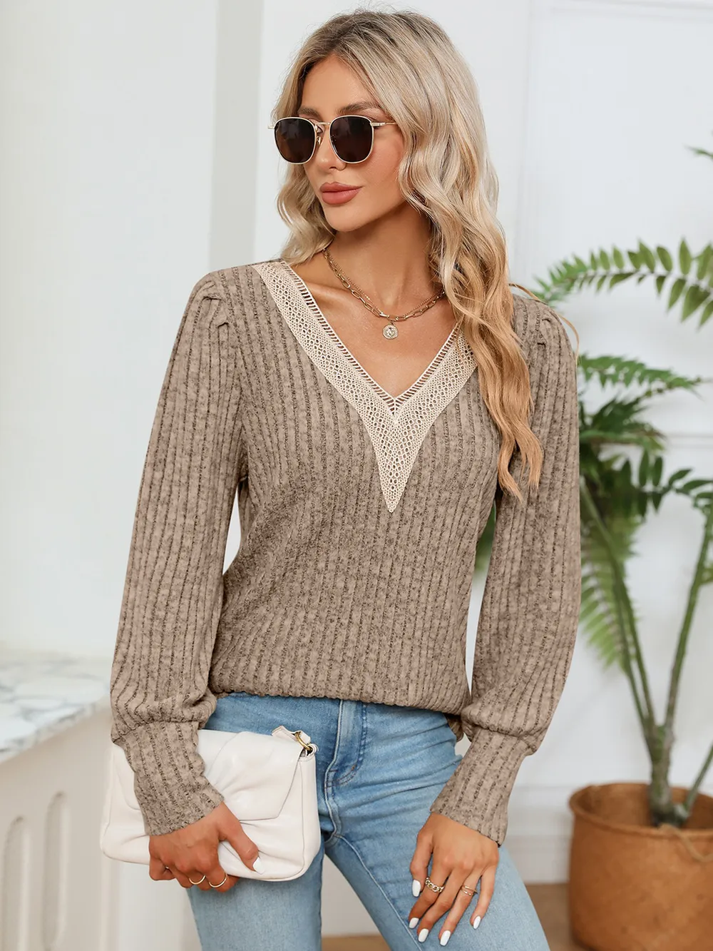Lace Detail V-Neck Ribbed Blouse, image 11