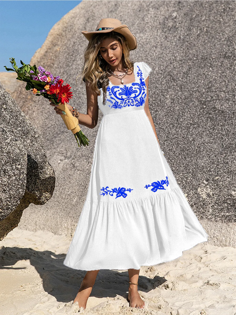 Embroidered Square Neck Ruffle Hem Dress, image 10