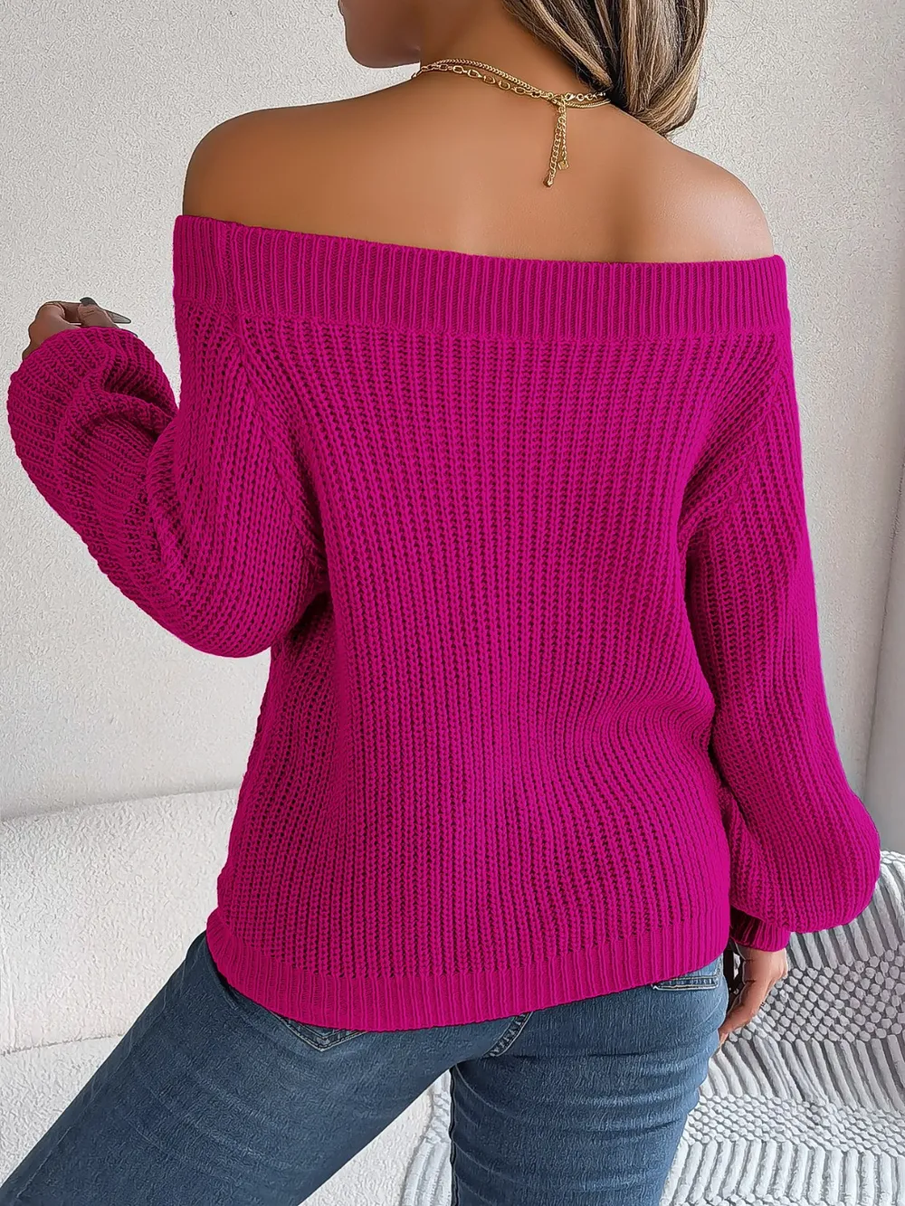 Openwork Off-Shoulder Long Sleeve Sweater, image 3