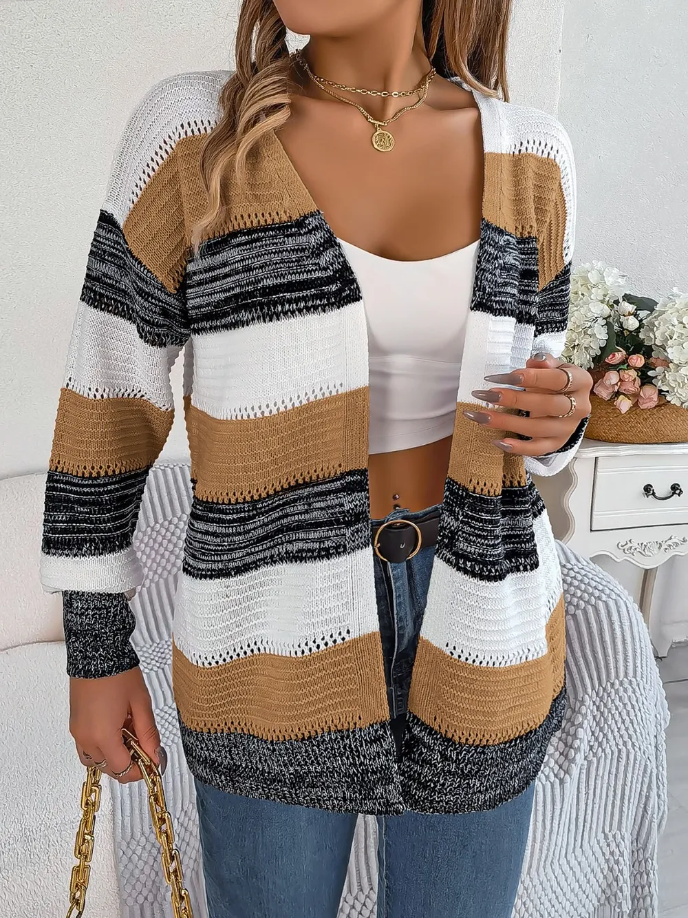 Openwork Striped Open Front Cardigan, image 2