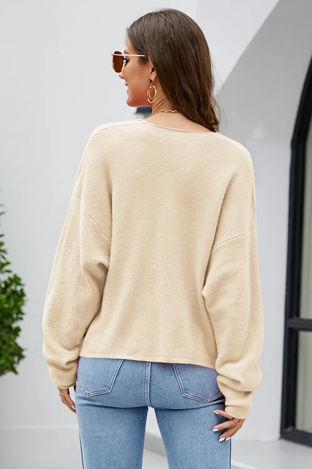 V-Neck Drop Shoulder Long Sleeve Knit Top, image 10