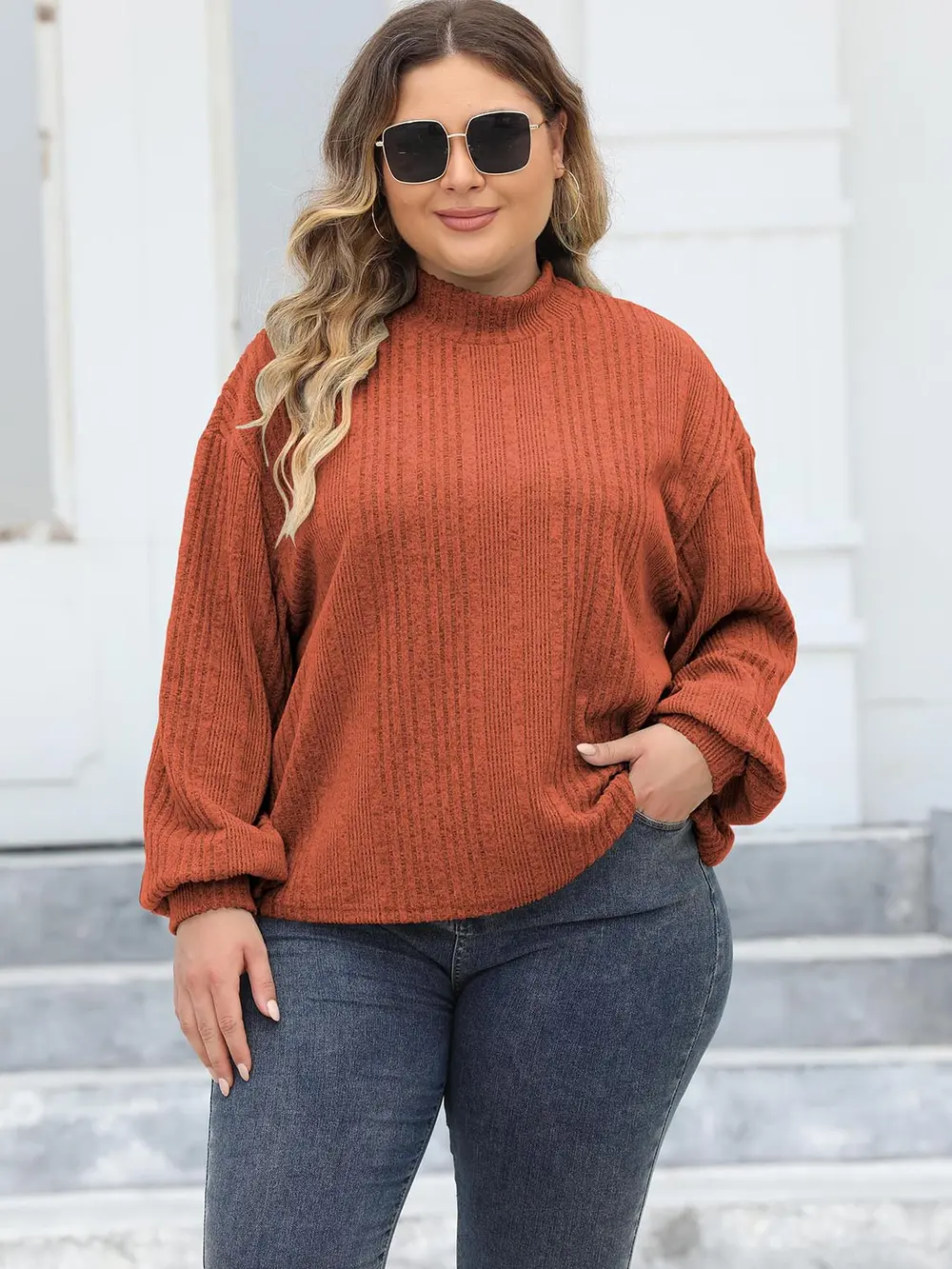 Plus Size Mock Neck Long Sleeve Knit Top, image 8