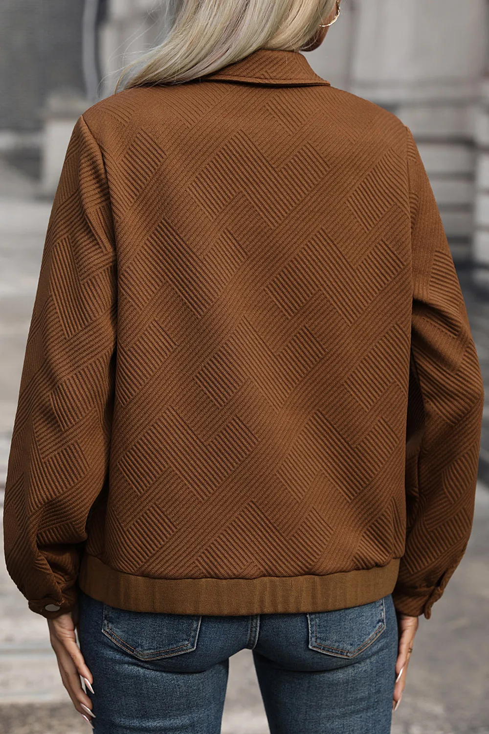 Textured Zip Up Collared Neck Jacket, image 5