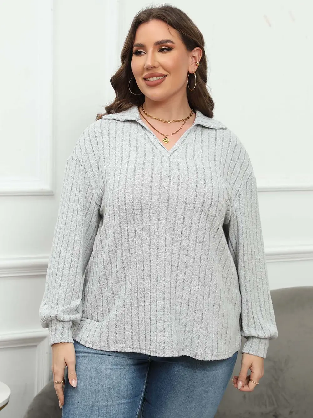 Plus Size Ribbed Collared Neck Long Sleeve Blouse, image 15