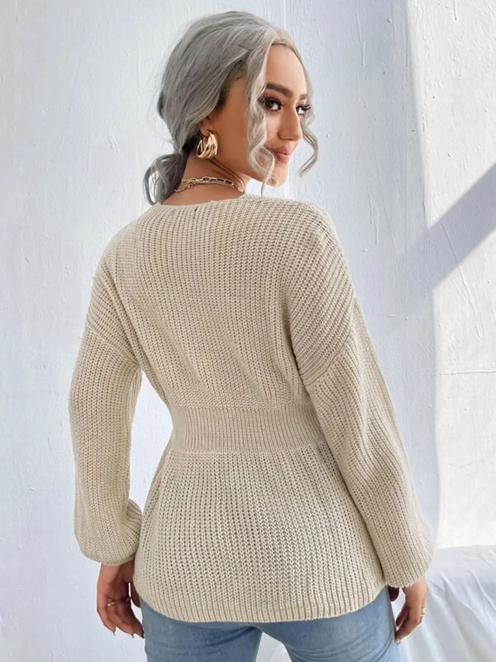Notched Dropped Shoulder Knit Top, image 14