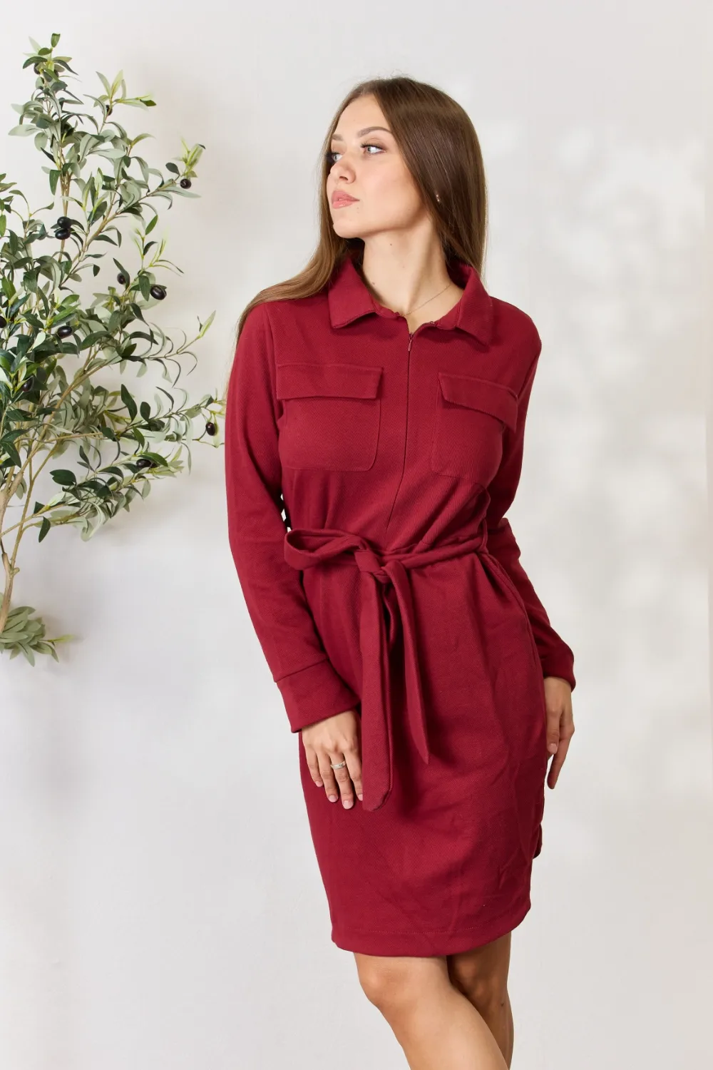 Full Size Tie Front Half Zip Long Sleeve Shirt Dress, image 7