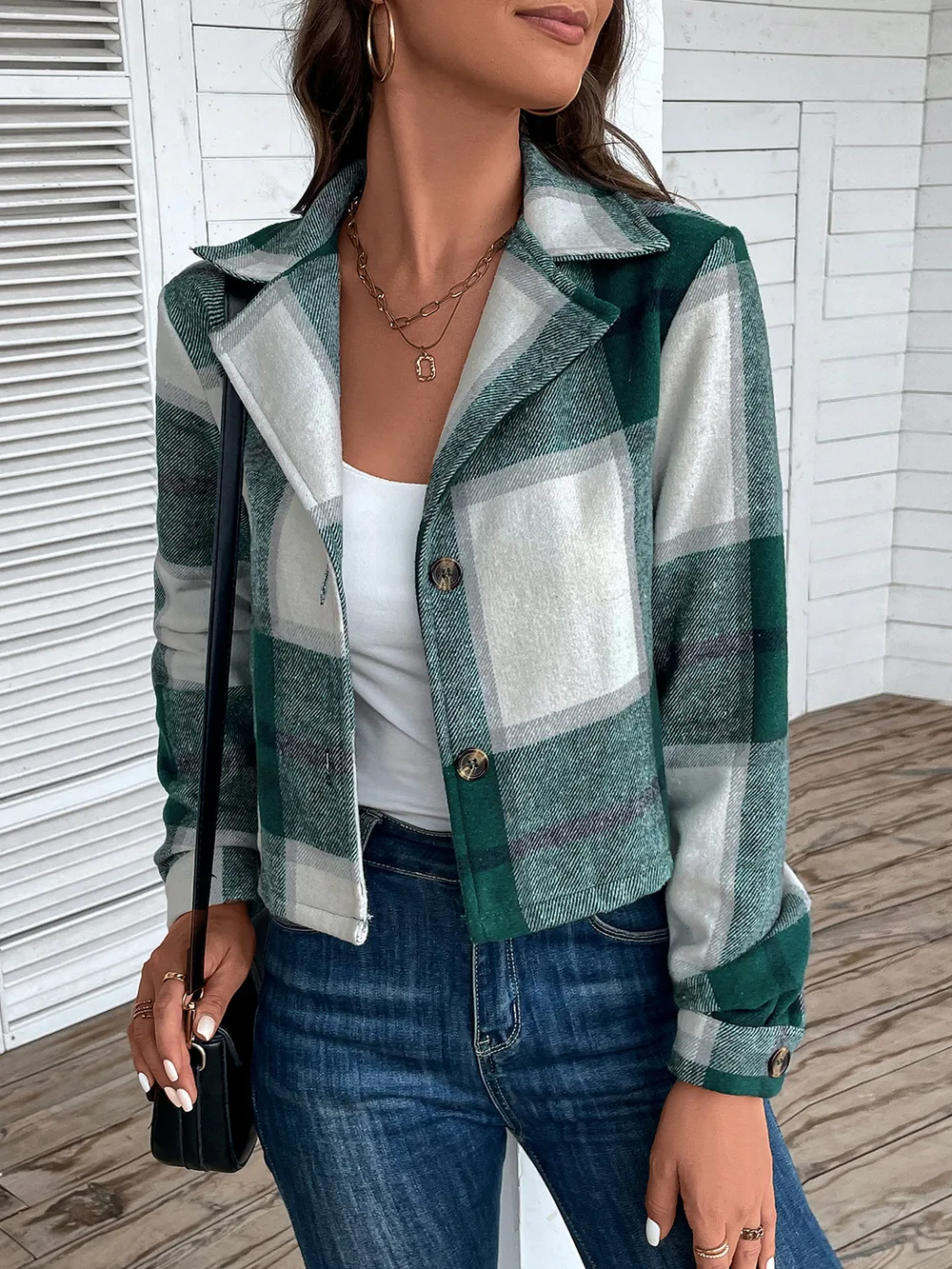 Plaid Collared Neck Button Up Long Sleeve Jacket, image 2