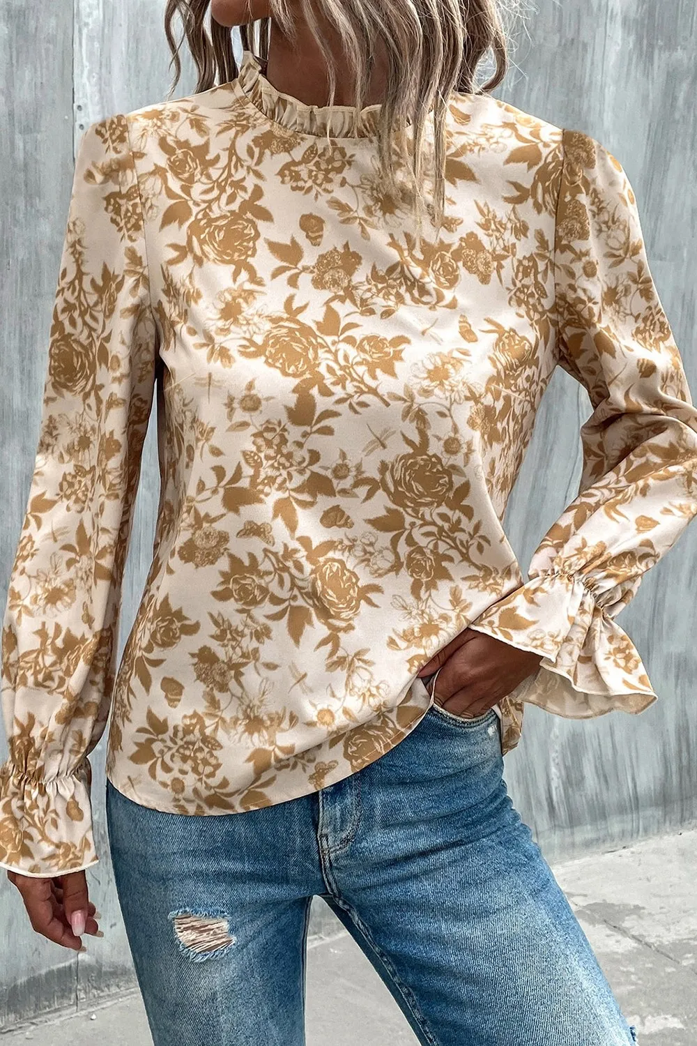Floral Print Mock Neck Flounce Sleeve Blouse, image 8