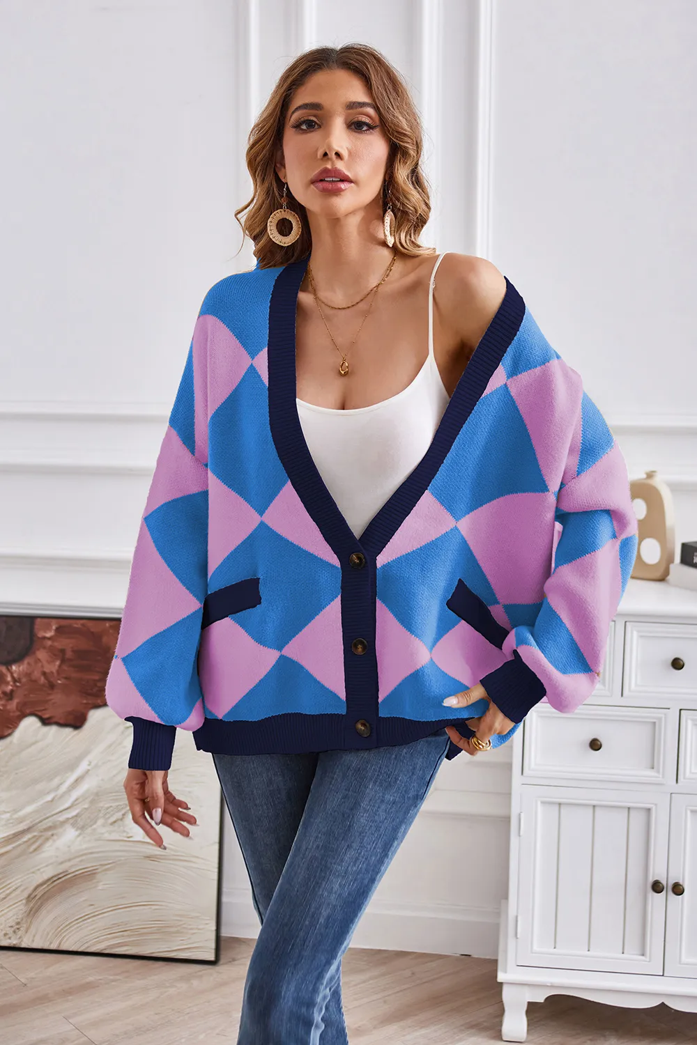 Geometric Lantern Sleeve Cardigan with Pockets, image 5