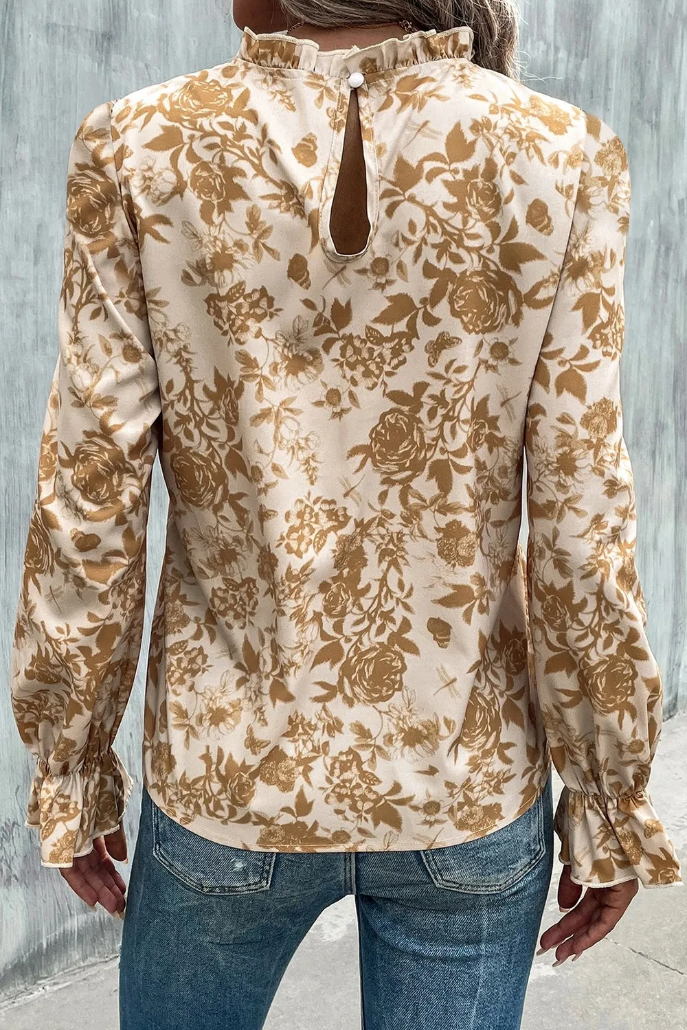 Floral Print Mock Neck Flounce Sleeve Blouse, image 7