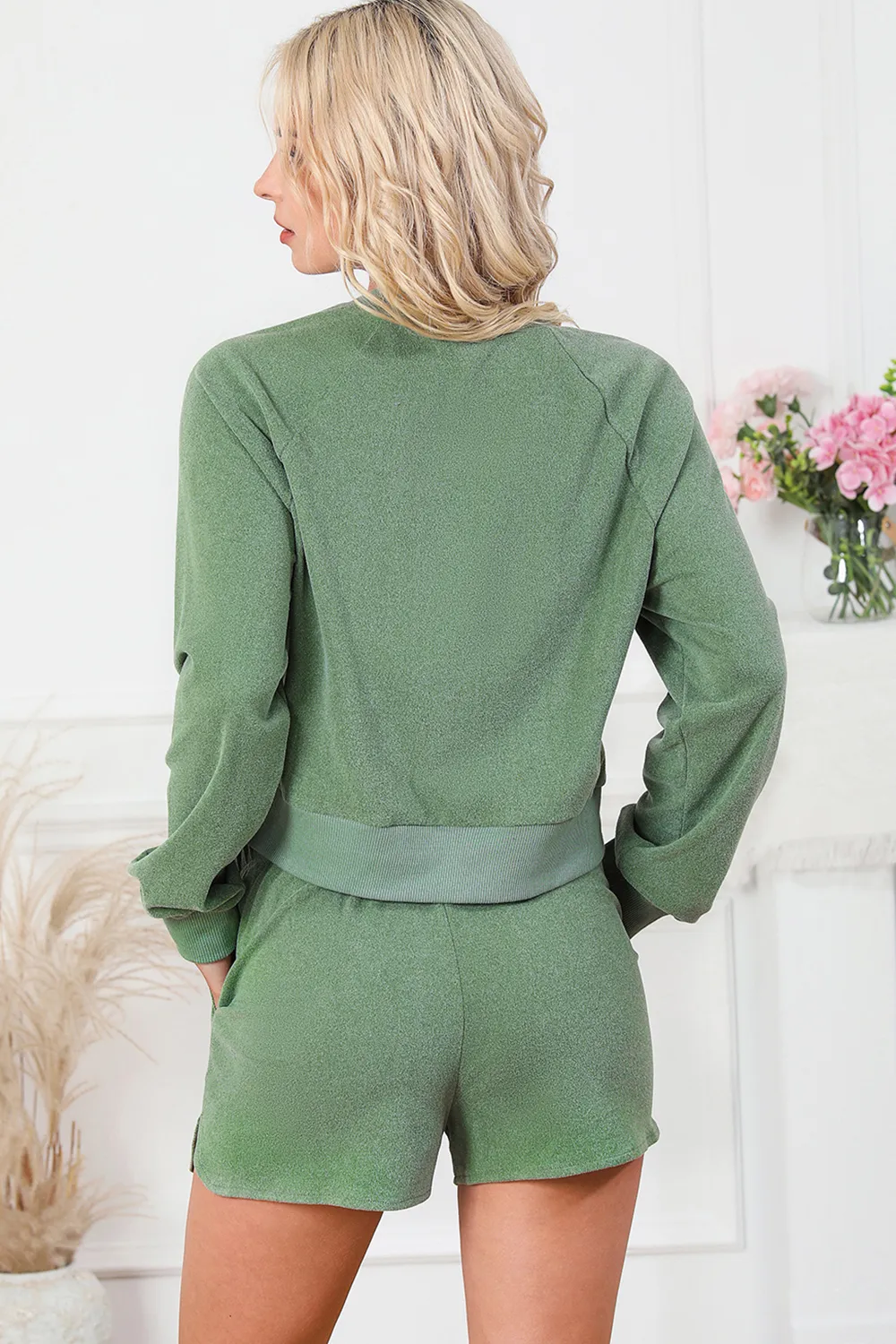 Round Neck Long Sleeve Top and Drawstring Shorts Lounge Set, image 2